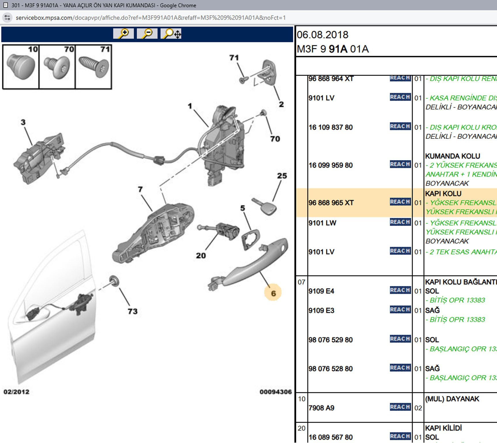Psa Sağ Ön Arka Dış Kapı Kolu