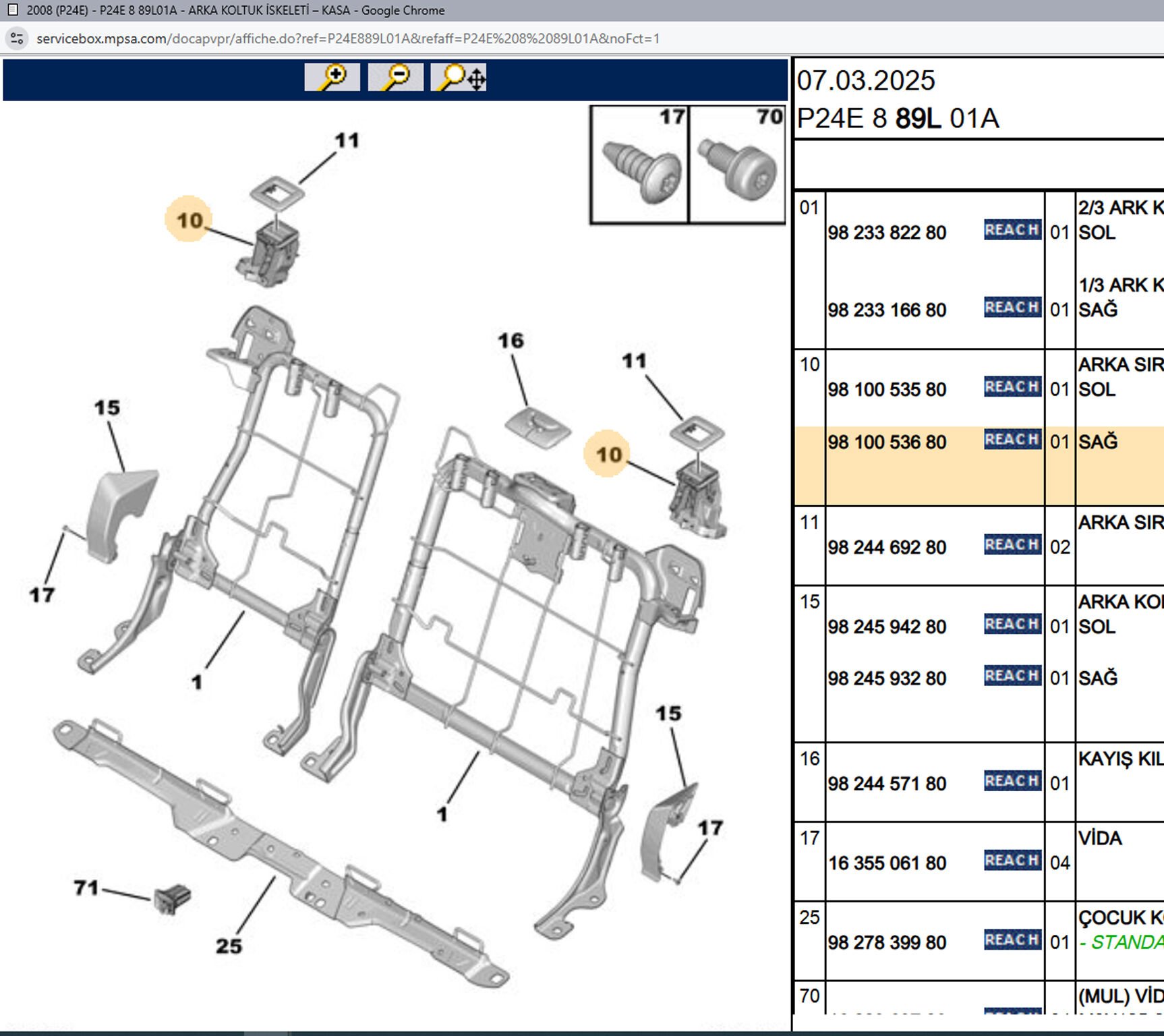 Psa Sağ Arka Koltuk Sırtlık Kilidi 1612396080 98144919ZD 1612396080 3556083