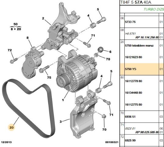 Alternatör Kayışı Alternator Kayısı 6pk976 206 307 C2 C3 Dw4 Vantılator Berlıngo Iıı C4 407 5008 508 Partner Tepe Focus C Max (5750.YS)