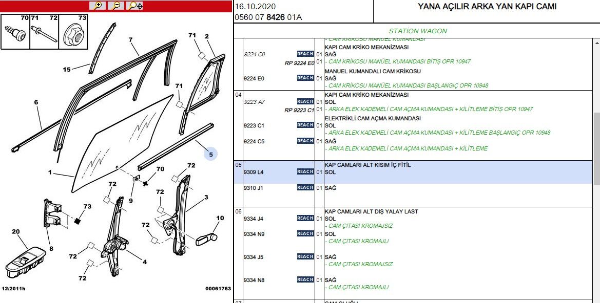 Wındow Insıde Cam İç Fitil Sol Arkac4pc (9309.L4)