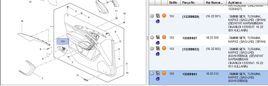 Tamır Kıtı Kapı Ic Tutamak Setı Acma Kolu On Sag Opel Insıgnıa A (1622013) (13359941)