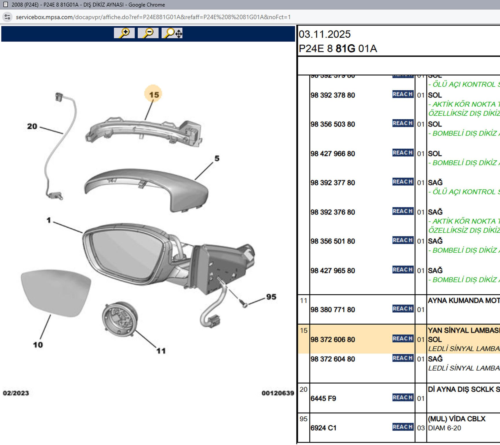 Psa Sol Ayna Sinyali Lambası