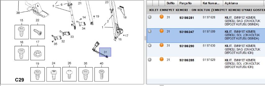 Emniyet Kemer Tüp Sol Ast H Uyarısız Emnıyet Kem Aktıf Uyarıcı Dısı Astra (93186247)