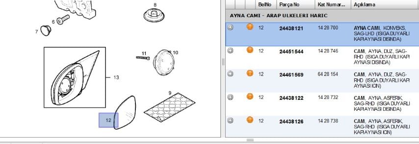 Ayna Camı Sağ Vec C Düz Sag Elk Vectra (24438121)
