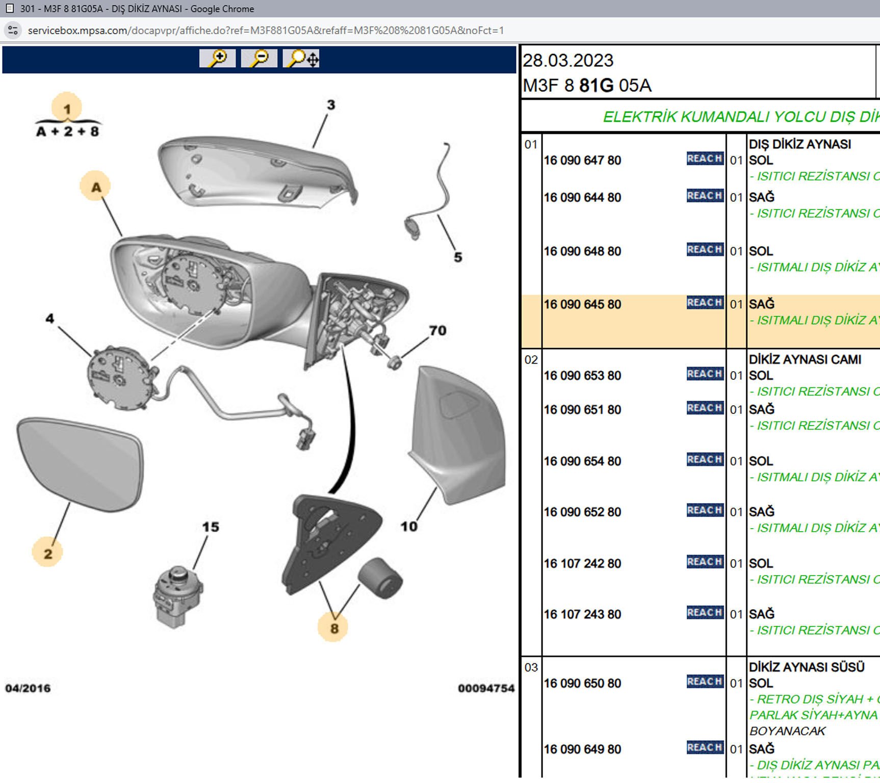 Psa Elektrikli Sağ Ayna