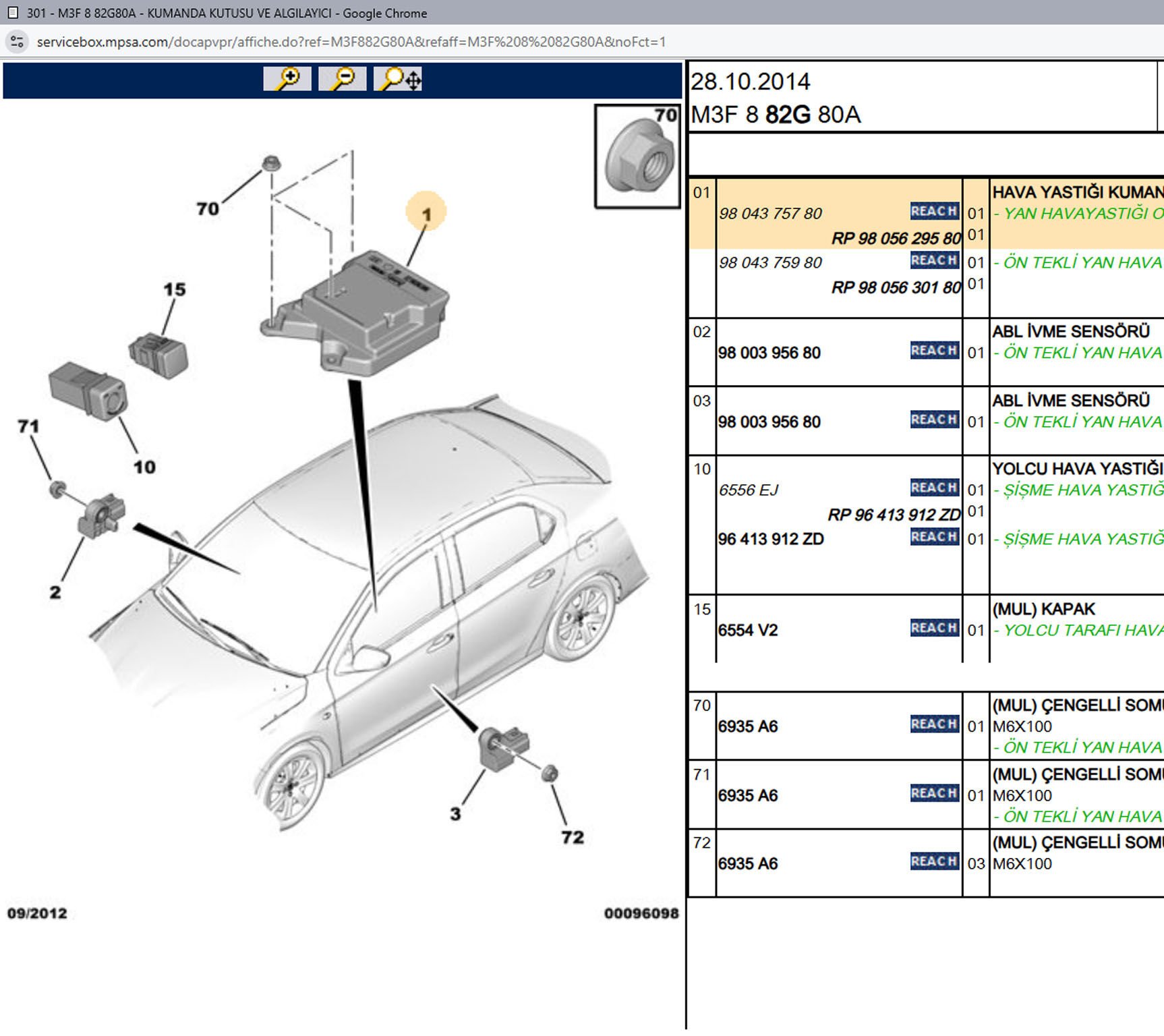 Psa Airbag Beyni 9804375780
