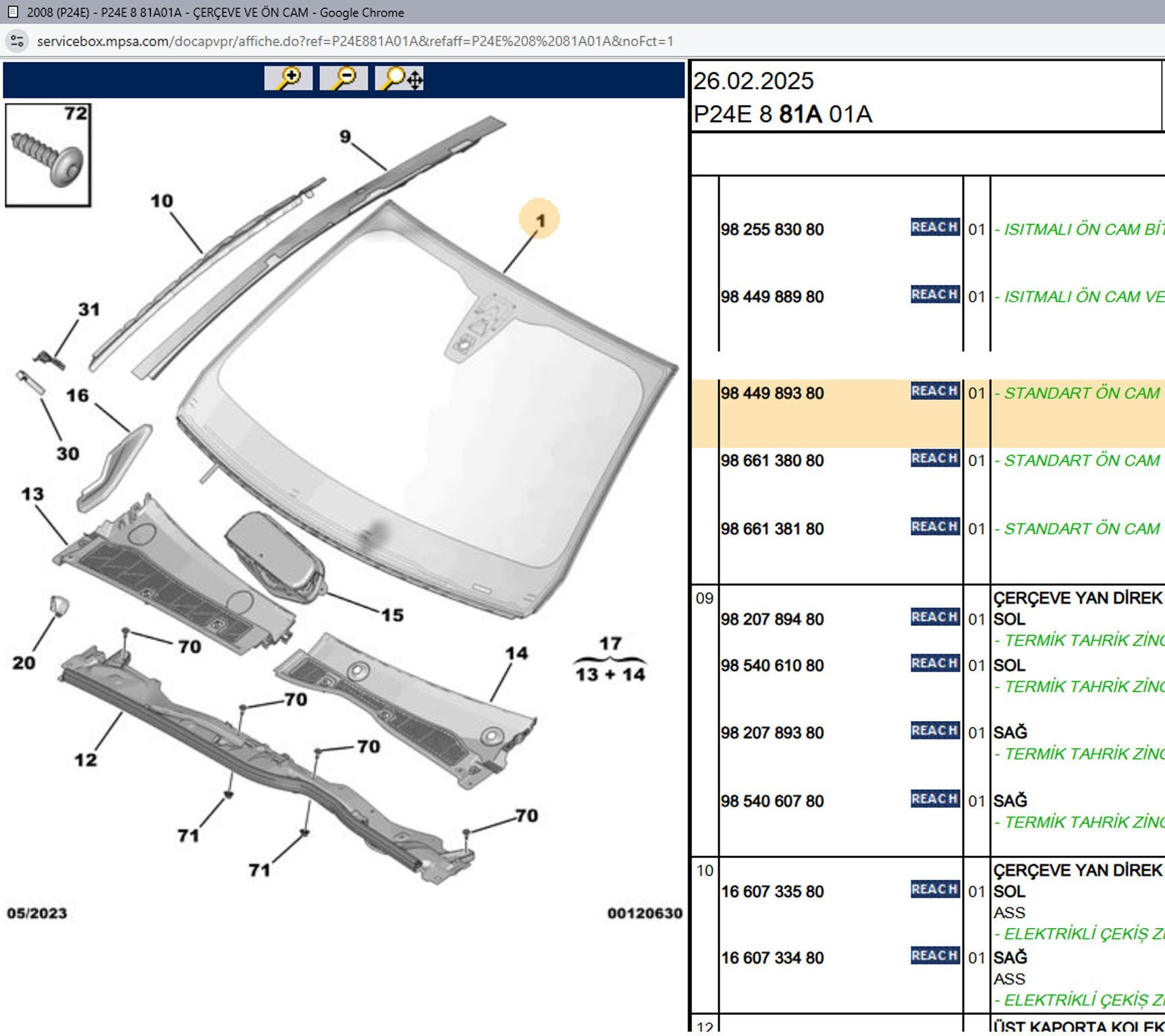 Psa Isıtmalı Standart Çift Katlı Ön Cam