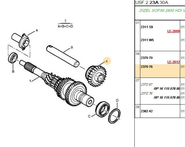 Geri Vites Avare Dişli Dişlisi Boxer3 C (2370.76) (,02311.T8,2311.S9,2370.70,2311.T1)