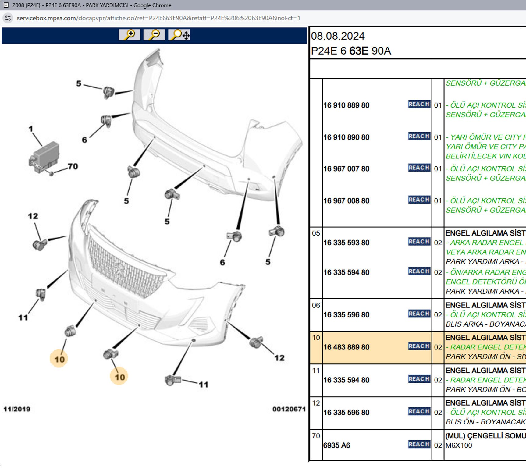 Psa Ön Tampon Orta Park Sensoru